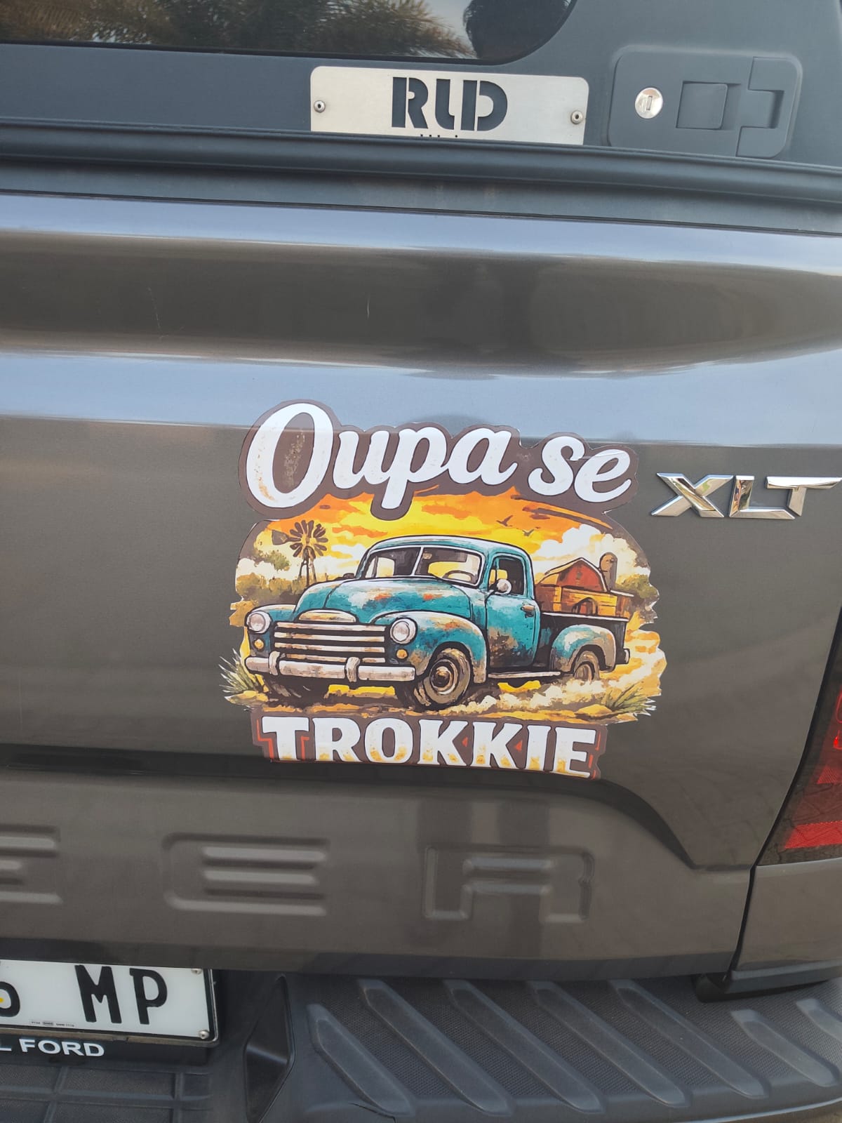 Oupa se Trokkie custom vintage truck decal on Ford Ranger tailgate